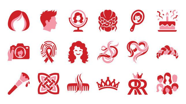 Collection of pink and red icons representing beauty, hair care, and celebration themes.