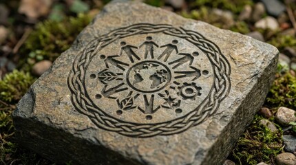 Fototapeta premium Unity and diversity concept on engraved stone featuring global symbols, perfect for design use in educational and cultural awareness projects with natural background