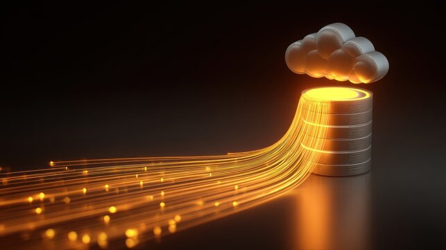 Cloud data stream light trails flow into a data cylinder below a cloud on a dark surface