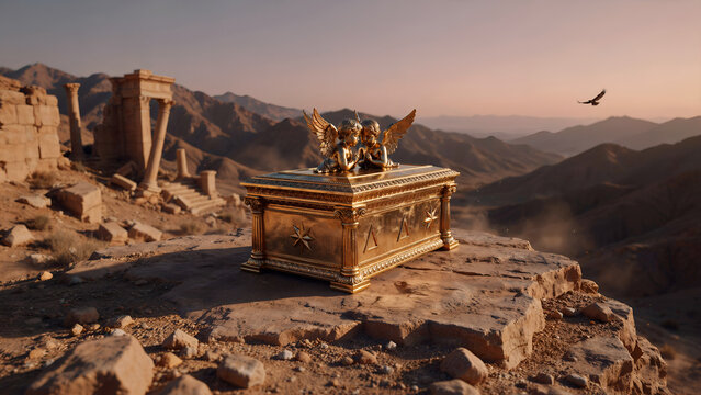 Golden ark of the covenant with winged cherubim statues resting on a rocky cliff overlooking ancient ruins in a desert landscape at sunset