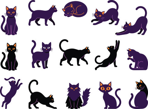 Collection of purple black cat silhouettes in various poses on a white background
