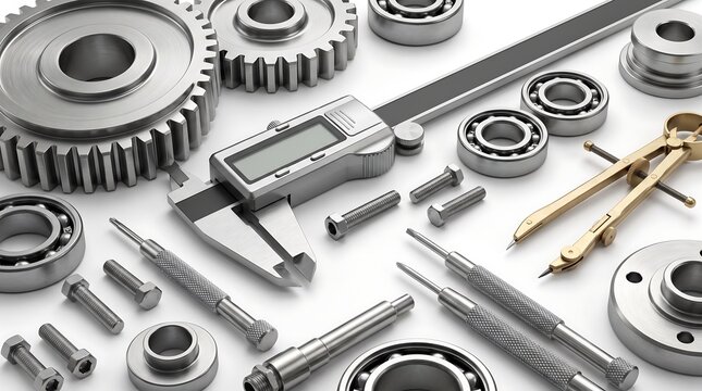 Set of industrial mechanical components and precision measuring tools on a white background.