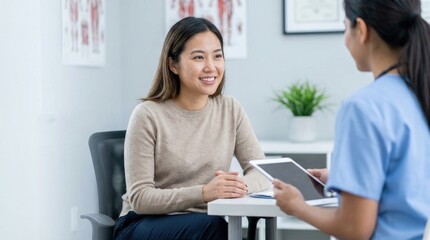 Fototapeta premium Medical consultation scene with patient and healthcare professional in a clinical setting for wellness and health advice