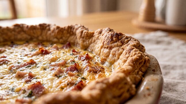 Freshly baked savory quiche with crispy bacon and golden flaky crust on a rustic wooden table