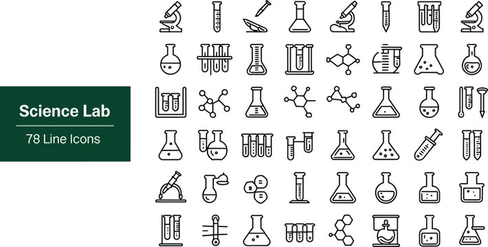 Science lab line icons set featuring chemical flasks test tubes microscopes and molecular structures vector illustration