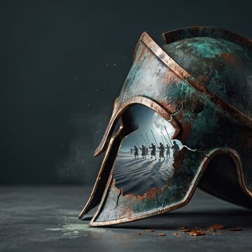 Ancient warrior helmet with tiny soldiers scene
