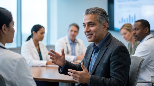 Professional discussion with healthcare experts in a conference setting focused on patient care strategies in a modern medical environment