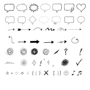 Hand-drawn speech bubbles arrows and symbols in a sketch style isolated on transparent background