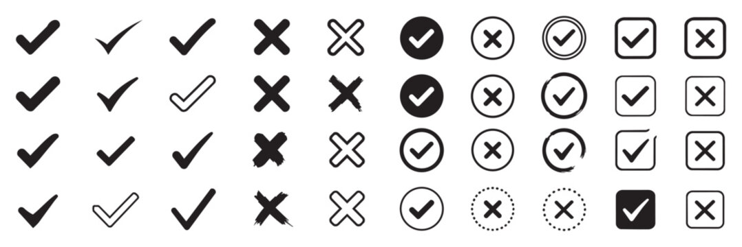 check mark icon button set. check box icon with right and wrong buttons and yes or no checkmark icons in green tick box and red cross. vector illustration