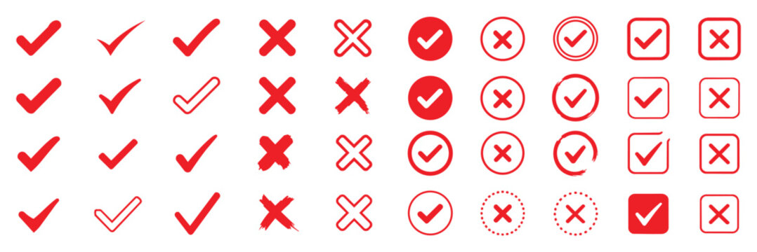 check mark icon button set. check box icon with right and wrong buttons and yes or no checkmark icons in green tick box and red cross. vector illustration