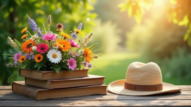 rustic flat lay wild flowers vintage books straw hat on weathered wood afternoon setting for peaceful lifestyle template