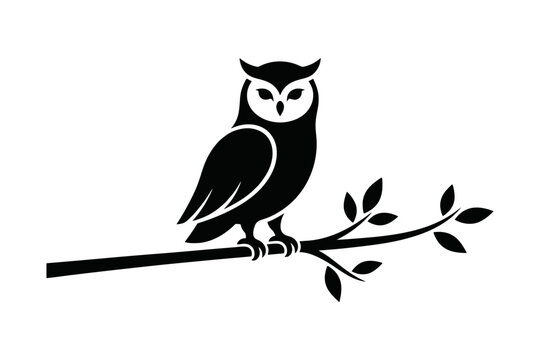 Owl perched on a tree branch, elegant monocolor silhouette, solid black vector, simple clean design, isolated white background