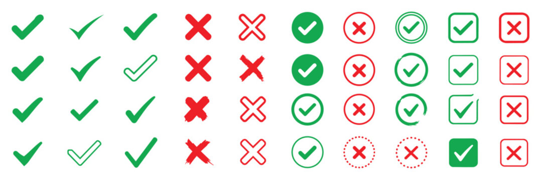 check mark icon button set. check box icon with right and wrong buttons and yes or no checkmark icons in green tick box and red cross. vector illustration