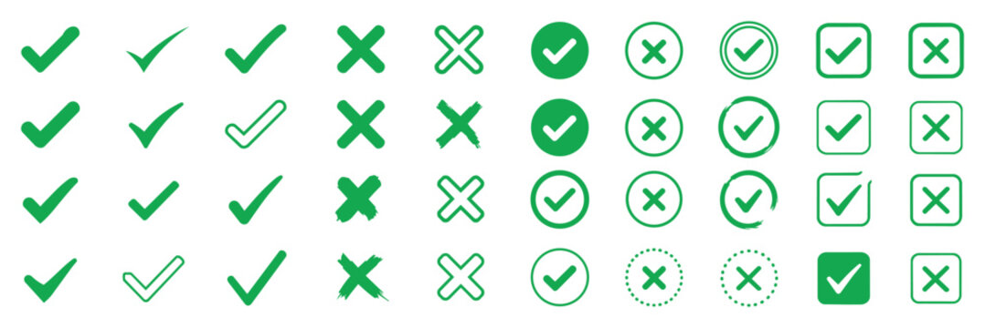 check mark icon button set. check box icon with right and wrong buttons and yes or no checkmark icons in green tick box and red cross. vector illustration