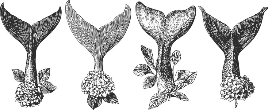 Vintage whale tail illustrations with barnacles and seaweed engraving set