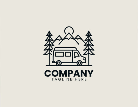 Minimal camper van in mountain landscape vector logo illustration on white background