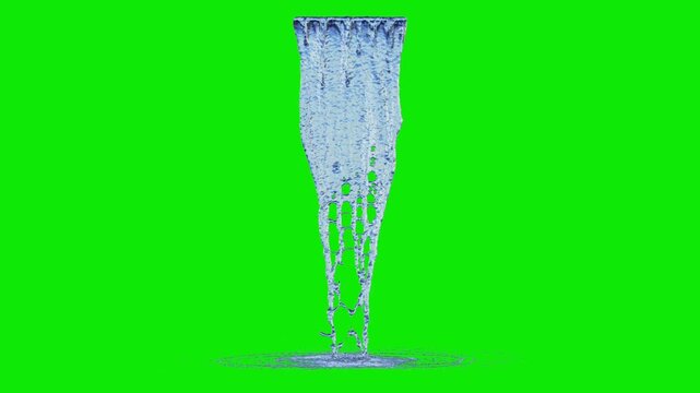 Front view of Dripping Water with a Medium Flow from a short linear source to the ground on a perfect green background