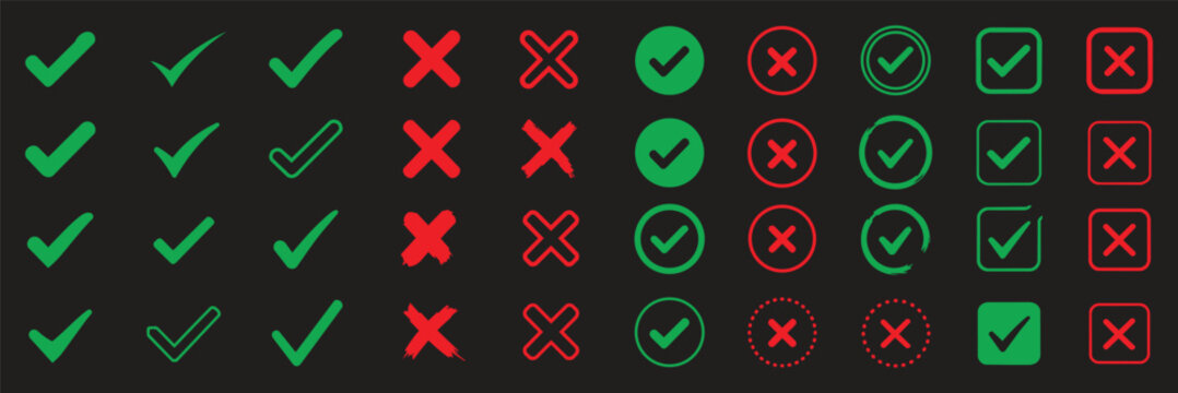 check mark icon button set. check box icon with right and wrong buttons and yes or no checkmark icons in green tick box and red cross. vector illustration