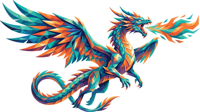 Low Poly Geometric Fire Breathing Dragon Vector Illustration with Spread Wings and Colorful Abstract Polygons for Fantasy Gaming T-Shirt Prints and Mascot Designs