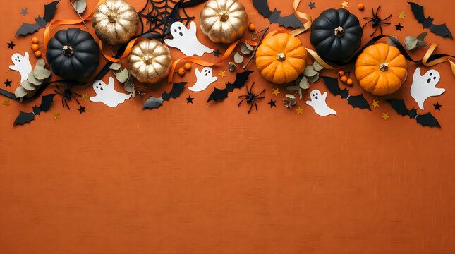 Halloween decorations, pumpkins, ghosts, and bats on orange background, spooky seasonal elements
