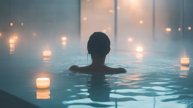 Serene woman relaxing in a luxurious spa bath with floating candles, enjoying a peaceful and tranquil wellness experience