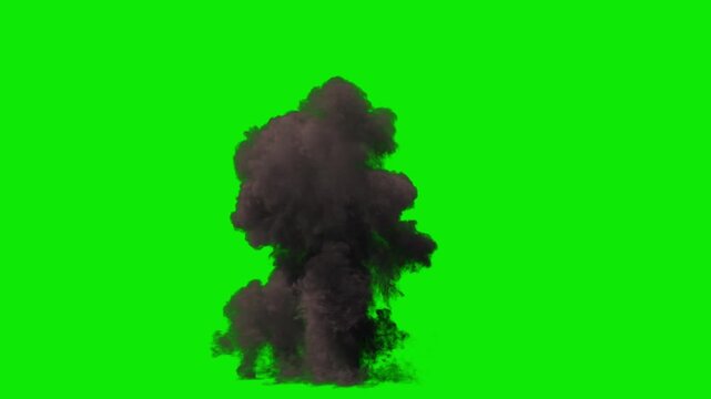 Ground High Explosion like a Missile Strike mushroom shaped in Orange and Yellow Flames with Dense Smoke and fast dissipation on a perfect green background