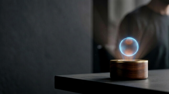 Holographic breathing guide on modern desk for mental health innovation aiding anxiety relief and meditation technology with massive empty background copy space