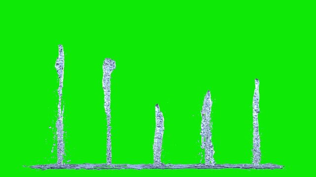 Isolated Line of 5 Tiny Trickle Fountains rising straight upwards on a perfect green background