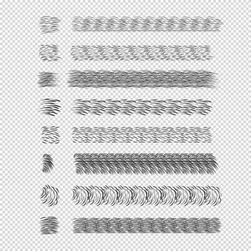 Set of eight hand drawn short hair or fur textures seamless borders black and white wavy lines vector illustration.