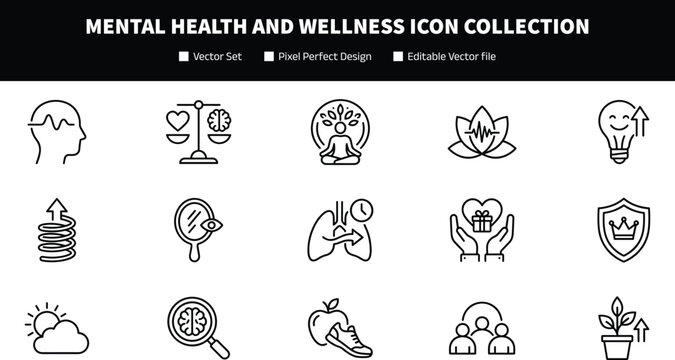 Mental Health and Wellness Icon Collection with Mindfulness Psychology and Self Care Symbols for Graphic Design Projects