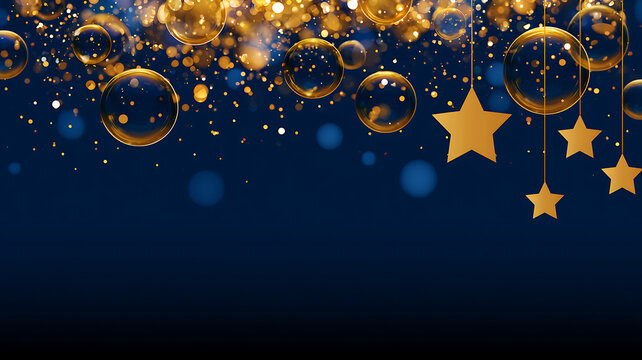 Gold bubbles and stars on a dark blue background with festive decorations and shiny particles floating around
