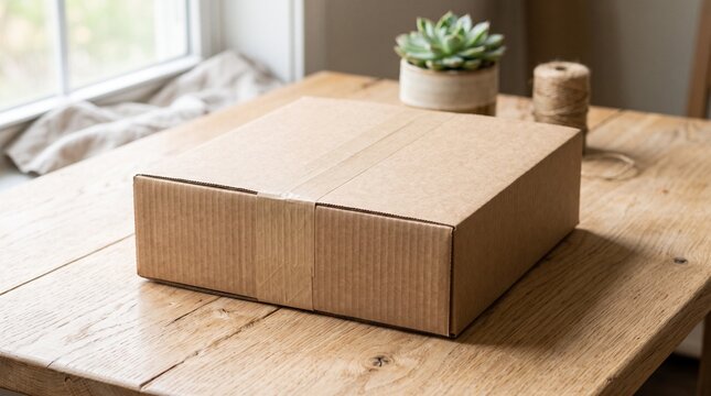 Cardboard mailer box resting on a rustic wooden table in a bright room with natural window lighting
