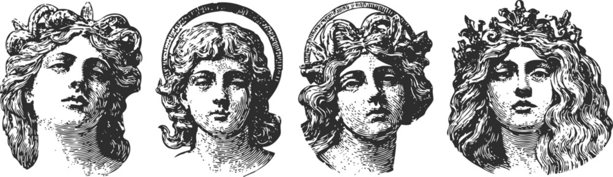 classical engraving of four antique female heads with distinct hairstyles and expressions