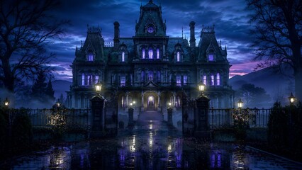 Obraz premium Purple Blue Haunted Mansion with Reflecting Water and Gothic Night Lights