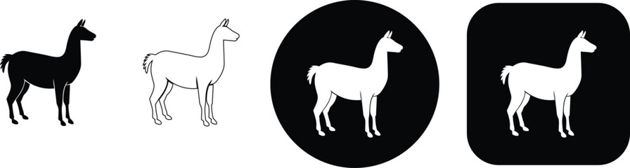 Fototapeta premium Four variations of a llama animal featuring solid black, thin line, and white silhouettes on circular and square bases