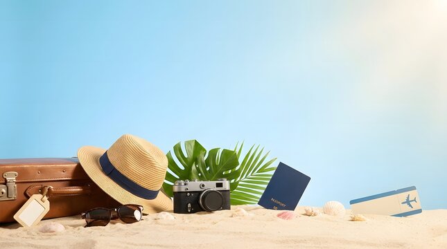 Summer vacation travel essentials on sandy beach