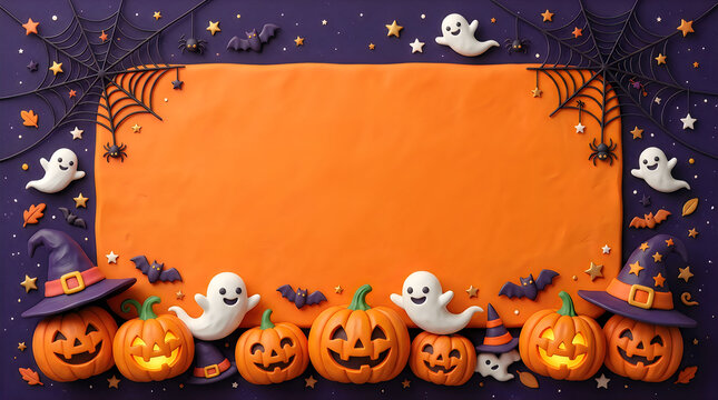 Halloween background, orange border, spooky decorations, ghosts, pumpkins, bats