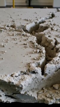 Vertical video: Cracking concrete slab widening in test lab, spilling rubble onto rails and bollard