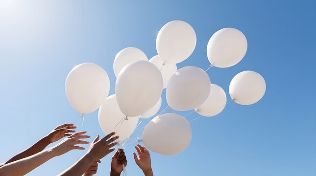 Diverse hands releasing a circular cluster of white balloons for a peace and freedom celebration