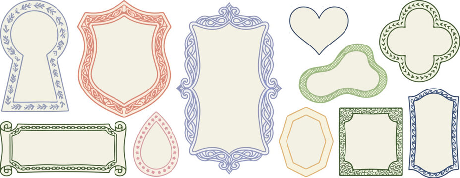 Doodle hand drawn frame set, colorful border collection. Minimal hand drawn square arch and rectangle shapes kit. Elegant retro empty banner, poster, placard, postal stamp. Doodle frame decor.
