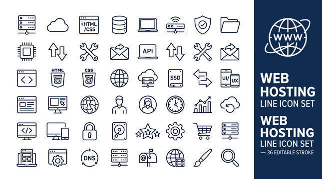 Web hosting line icons with resizable stroke for servers, cloud, coding, and digital design projects.