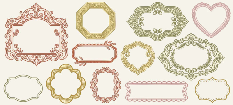 Doodle frames set. Hand drawn geometric colorful border collection. Minimal hand drawn oval, arch or rectangle shapes kit. Elegant retro empty banner, poster, placard decor. Doodle vintage emblem.