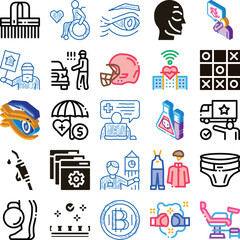 Fototapeta premium Collection of diverse icons representing a wide range of concepts including financial services, medical care, automotive maintenance, sports equipment, data management, and social issues