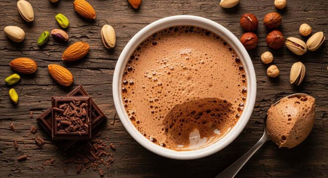 Rich hot chocolate with frothy topping, surrounded by assorted nuts and dark chocolate pieces on a rustic wooden table