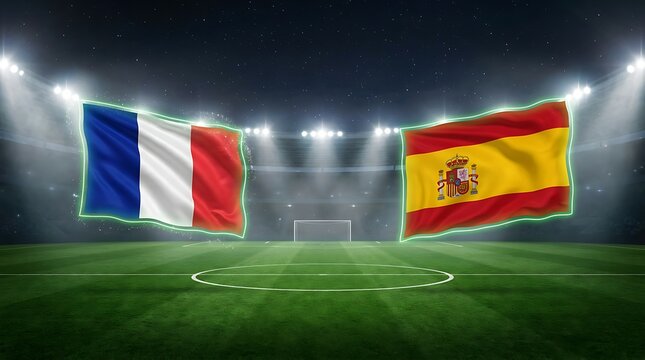 France versus Spain soccer match flags waving on football stadium pitch at night with stadium lights shining down illuminating green grass and white lines.
