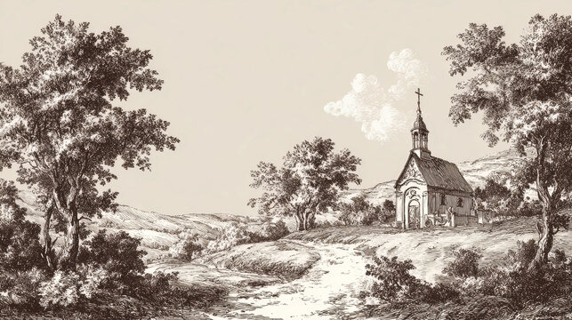 Vintage Blue Ink Landscape Illustration with Rural Church. AI generative.