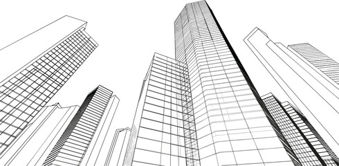 Fototapeta premium Modern skyscraper cityscape perspective, architectural line art vector illustration urban building design background collection scene