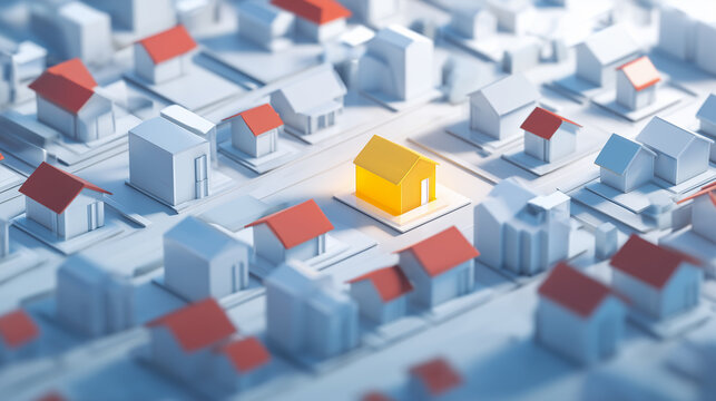Glowing yellow model house standing out from a crowd of miniature buildings, concept of unique real estate offer, best property choice, standing out from the crowd, and choosing a dream home.