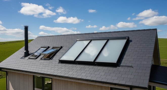 Modern skylights integrated into a dark shingled roof providing ample natural light on a clear day.