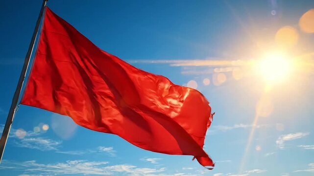 A vibrant red flag waves against a clear blue sky and bright sun.